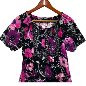 Koi Womens‎ Scrub Top S Black Pink Cottage Floral Nurse Medical Uniform Pockets thumbnail 3