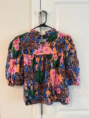 Alden Adair Floral Leopard Print Puff Sleeve Top M thumbnail 5