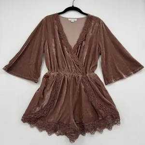 Velvet Romper Lace Trim Boho Festival Bell Sleeve Mauve Brown Festival Trendy S thumbnail 1