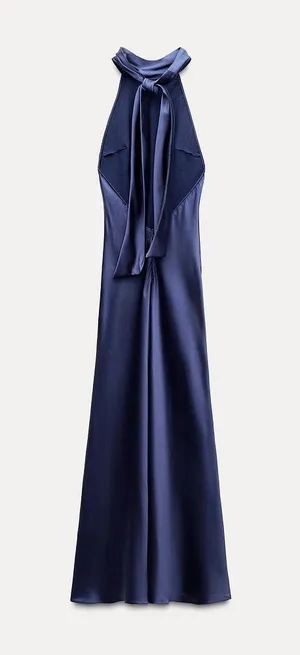Zara maxi dress satin slip gown Elegant blue Halter formal party wedding prom thumbnail 10