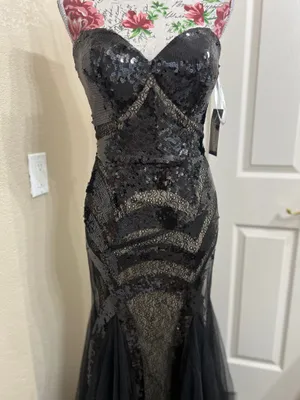 NWT Jovani Strapless Black Sequin Lace Tulle Mermaid Evening Dress Size 2 thumbnail 3
