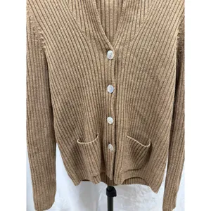 VTG‎ 90's LL Bean Women's Tan Chunky Knit Ribbed 100% Merino Wool V-neck Cardi M thumbnail 3