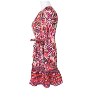 Zara Angie Belted Abstract Print Mini Dress Pink Red Boho‎ Ruffle Drop Waist XS thumbnail 4