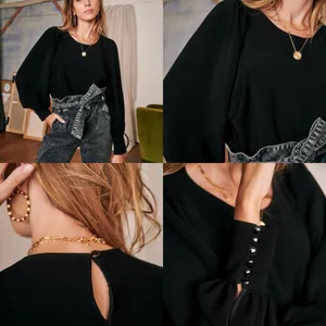 Sézane Bénédicte Blouse Black FR 34 US 2 Small‎ Boho Balloon Sleeve Crepe Top thumbnail 2