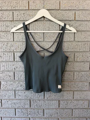 Vuori Rib Crop Tank Top In Stone Blue Star Embroidery Size Small thumbnail 3