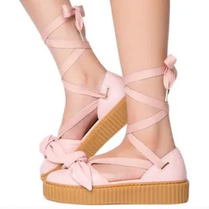 Puma x‎ Fenty by Rihanna Pink Bow Lace Up Leather Creeper Platform Sandals thumbnail 2