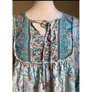 Boho Floral Mini Dress Blue Teal Babydoll Tie Neck Med cottage resort bohemian y thumbnail 2