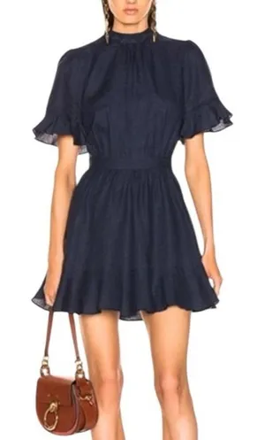 Frame Navy Linen Scallop Mock Neck Flounce Ruffle A-Line Flare Mini Dress XS thumbnail 1