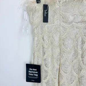 Lulus Uniquely Confident Cream Lace Feather Strapless Midi Dress Cocktail L NWT thumbnail 10