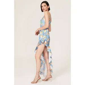 Nookie Simone Blue Floral Satin Asymmetrical Ruffled Cut Out Cocktail Dress L thumbnail 2