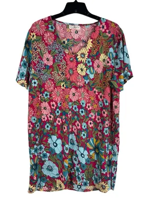 Natural Life Floral Mini Dress Womens M Pink Blue Boho Rayon Short Sleeve Hippie thumbnail 1
