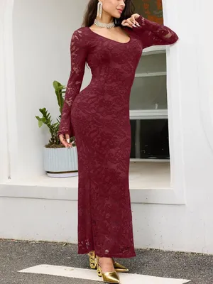 Ekaliy Women Bodycon Maxi Dress Floral Lace Elegant Wine Red. Size M thumbnail 3