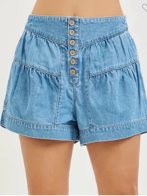 Risen Elastic Light Blue Denim Button-Front Slouchy Shorts NWT thumbnail 1