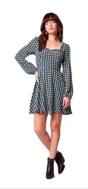 B.O.G. Band Of The Free Womens Genevieve Teal‎ Diamond Long Sleeve Mini Dress S thumbnail 1