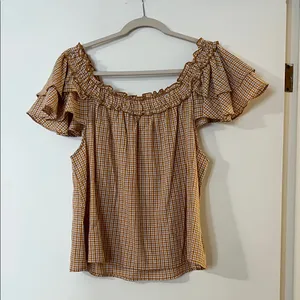 Easel Checkered Ruffle Sleeve Blouse - Tan thumbnail 3