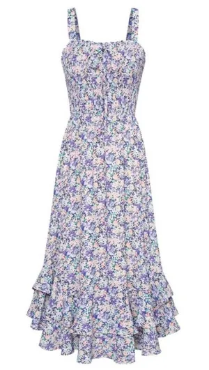 Grace Karin Floral Smocked Midi Dress Purple Blue Ruffle High Low Hem Large thumbnail 1