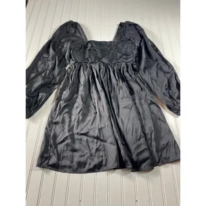 Abercrombie Emerson Satin Mini Dress Black Long Sleeve Babydoll Pleated MT Tall thumbnail 2