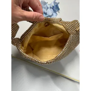 Gold Rhinestone Mesh Knotted‎ Handle Evening Handbag with Detachable Chain Strap thumbnail 4