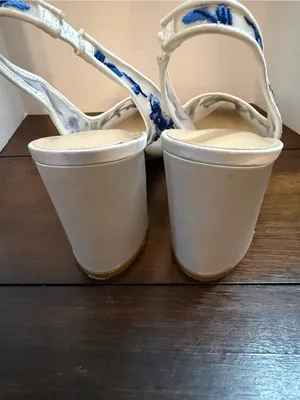 Betsey Johnson White Slingback Block Heels with Blue Floral Embroidery thumbnail 7