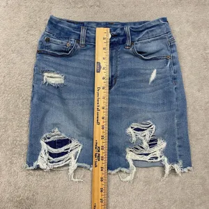 American Eagle Skirt Womens 0 Blue‎ Jean Curvy High Rise Ripped Distressed Denim thumbnail 3