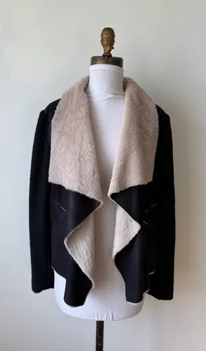 Free People Fate Faux Fur Handkerchief Collar Black Beige Women's Jacket Small thumbnail 1