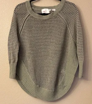 Anthropologie YOON Olive Green Open-Weave Crewneck Raglan Sleeve Poncho Sweater thumbnail 1