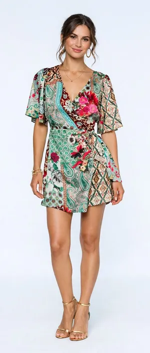 Zara Green Multi Color Pattern Patchwork Floral Mini Dress in Size Small thumbnail 1