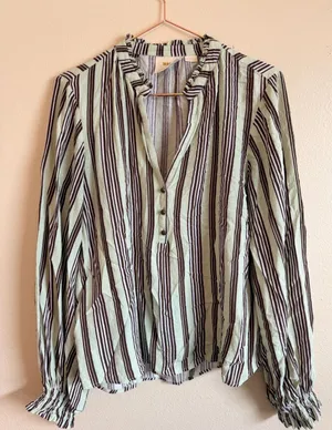 Maeve Blouse Womens Medium Mint‎ Green Brown Striped V-Neck Long Sleeve Top thumbnail 1