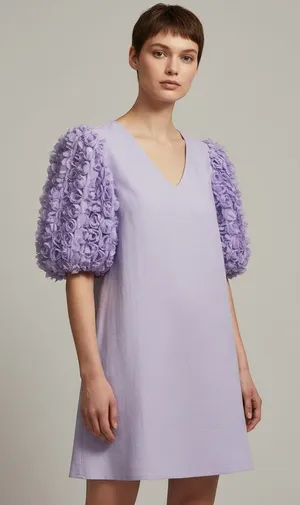 Entro Shift Dress Womens S Lavender New 3D Floral‎ Puff Sleeve V-Neck thumbnail 1