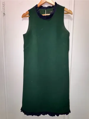 J.Crew Sleeveless Forest Green Shift Dress with Blue Ruffled Trim Size 8 thumbnail 4