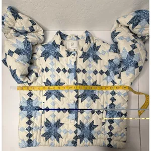 House Of Harlow 1960 Quilted Puffer Jacket Women L Cream Blue Retro Cottagecore thumbnail 4