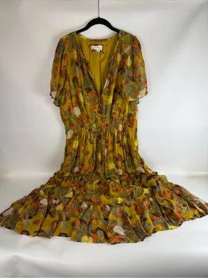 Anthropologie Yellow Fruit Print Smocked Waist Tiered Dress, Size XL thumbnail 4
