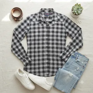 Wrangler Womens Black White Plaid Metallic Western Snap Button‎ Shirt LW4021X S thumbnail 1