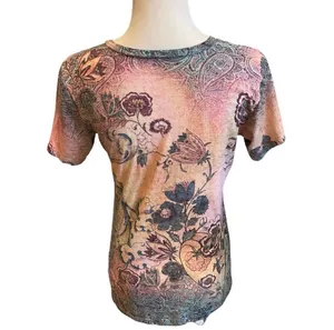 Y2K Multicolor Boho Floral Vneck TShirt Blouse L Pink Green Yellow Muted thumbnail 4
