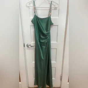Zara green satin dress with chain straps and side slit Size M thumbnail 2