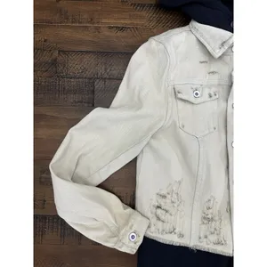 Free People Hoodie Jacket Women XS White Distressed Double‎ Weave Denim thumbnail 9