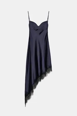 Zara Satin Slip Dress with Lace Trim - Navy thumbnail 6