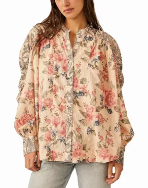 Free People Womens Beige Maraya Floral Paisley Puff Sleeve Blouse Boho Small thumbnail 1