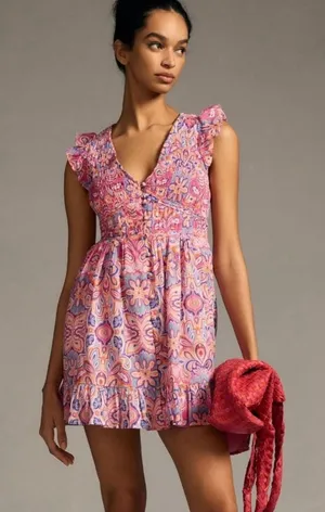 Anthropologie Peregrine Mini Dress Medium Petite Pink Blue Floral Paisley Ruffle thumbnail 1