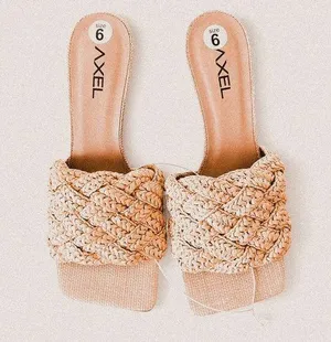 Axel tan nude straw woven square toe heeled slip on sandals sz 6 women thumbnail 1