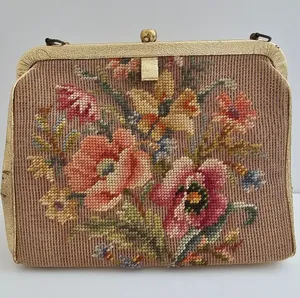 Vintage Souré Bag NY Tapestry Handbag - 1950s Floral Needlepoint & Gold Shimmer thumbnail 1