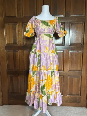 NWT Sabo Skirt Poppi Floral Cutout Tiered Maxi Dress Lavender‎ Orange Medium thumbnail 2