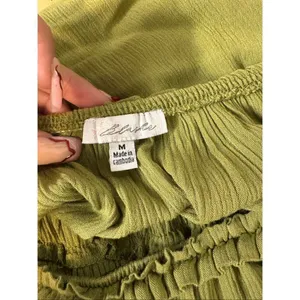 Olive Green Smocked Romper Puff Sleeve Rayon Mini Dress Look Size M thumbnail 7