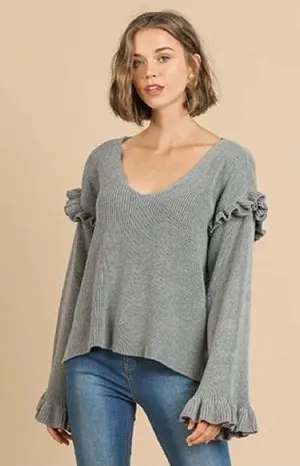 Umgee Grey Ruffle Wide Long Sleeve Knit Sweater Size Large thumbnail 1
