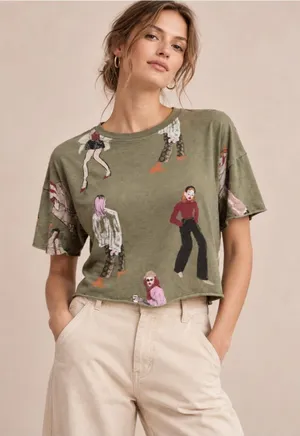 Zara Graphic Cropped T-Shirt Women’s S Olive Green Fashion Illustration Artsy thumbnail 1