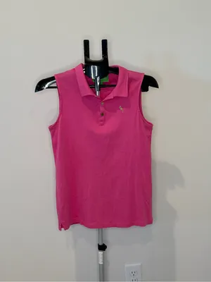 Peck & Peck Women’s Small Hot Pink Sleeveless Polo Shirt Gold Logo Golf Preppy thumbnail 2