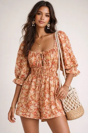 Free People Show Me Love Romper XS Floral Boho Linen Blend Smocked Puff Sleeve thumbnail 1