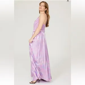 Mac Duggal RTR Ieena Purple Pleated Gown Metallic Strappy Satin iridescent thumbnail 2