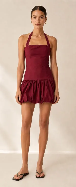 NWT Edikted Bryn Bubble Skirt Mini Dress Burgundy Halter Drop Waist. Small thumbnail 1