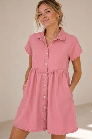 Pact Chambray Denim Mini Shirt Dress Pink Size XS thumbnail 1